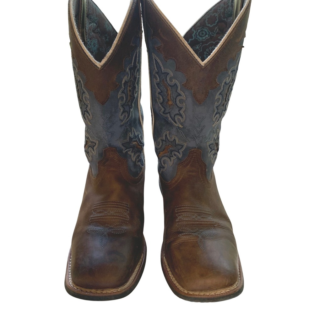 Laredo Western Boots 8.5 M Womens Blue Brown Leather Square Toe Country Rustic
